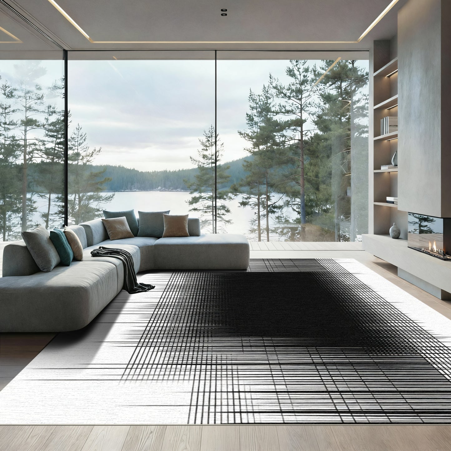 Monochrome Abstract Linear Grid Rug