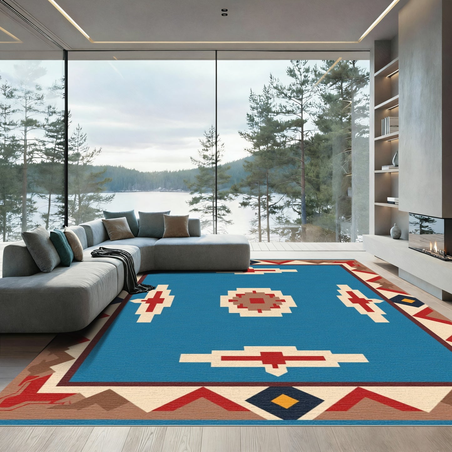 Blue Red Geometric Southwestern Tribal Rug