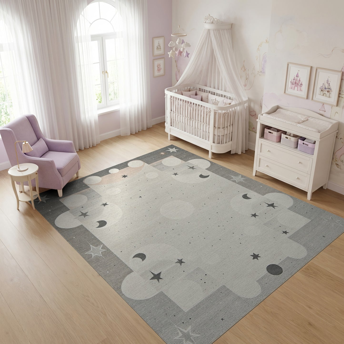 Celestial Gray Stars Moons Rug