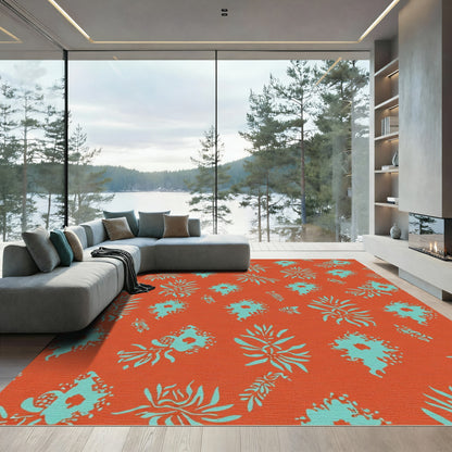 Orange Teal Floral Botanical Arrangement Rug