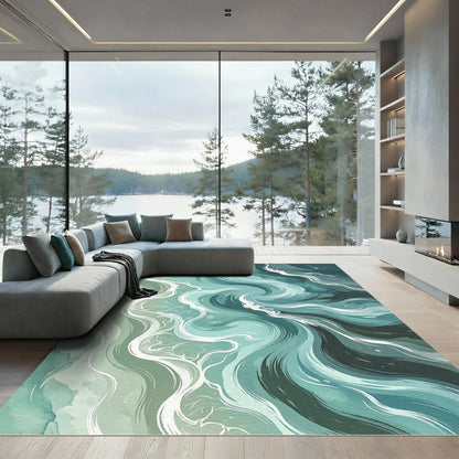 Ethereal Teal Ocean Swirl Abstract Rug