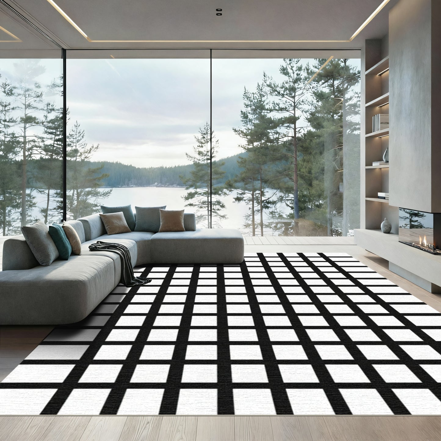 Modern Black White Grid Rug
