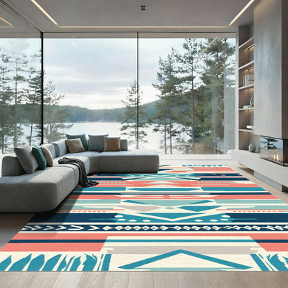 Geometric Coral Teal Stripe Rug