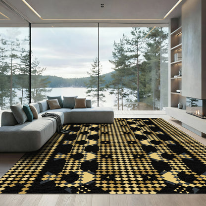 Gold Black Geometric Square Rug