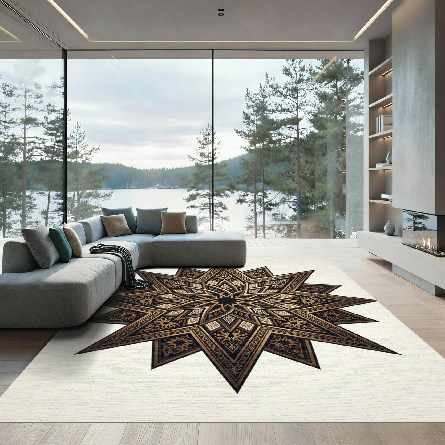 Intricate Gold Starburst Geometric Rug