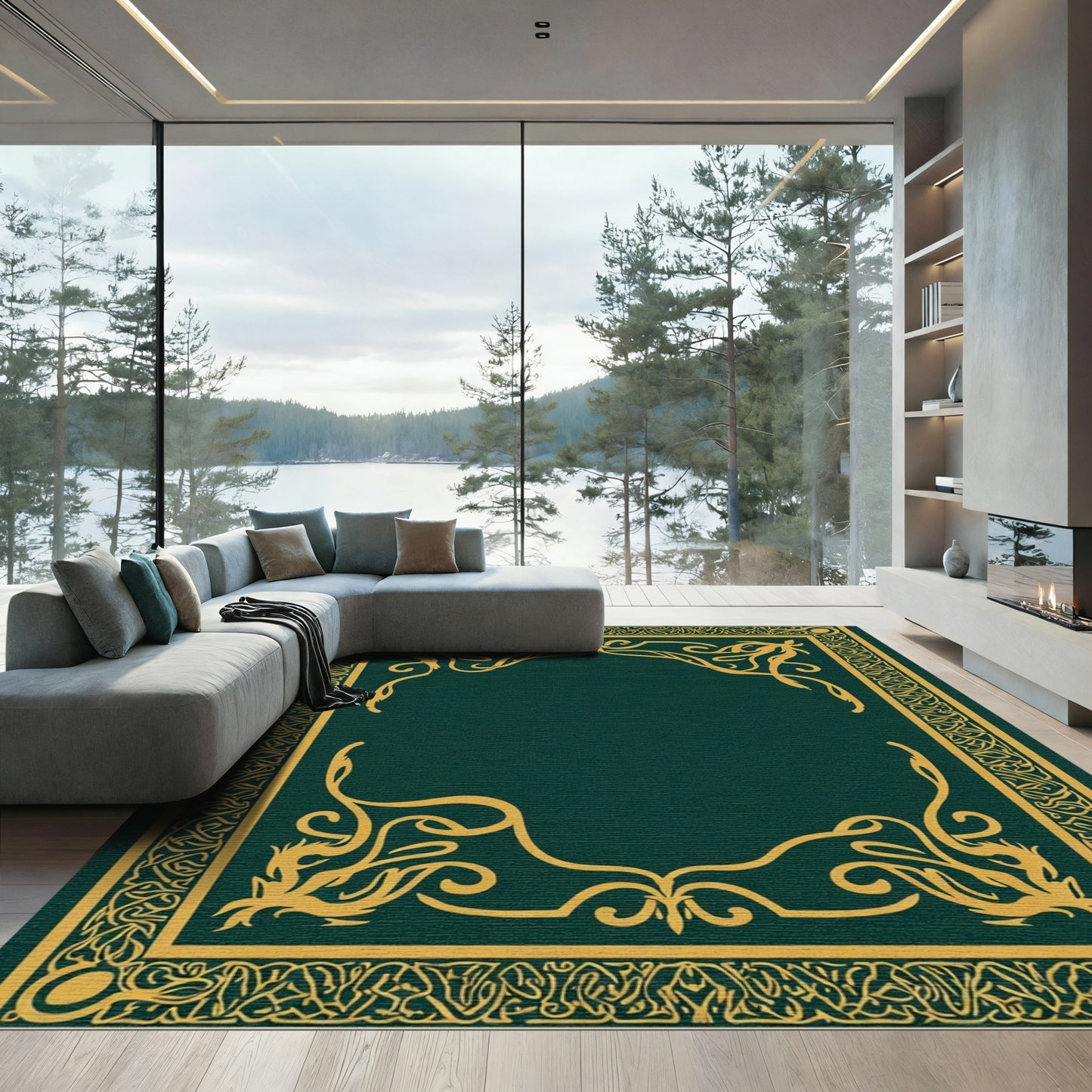 Deep Green Golden Arabesque Frame Rug