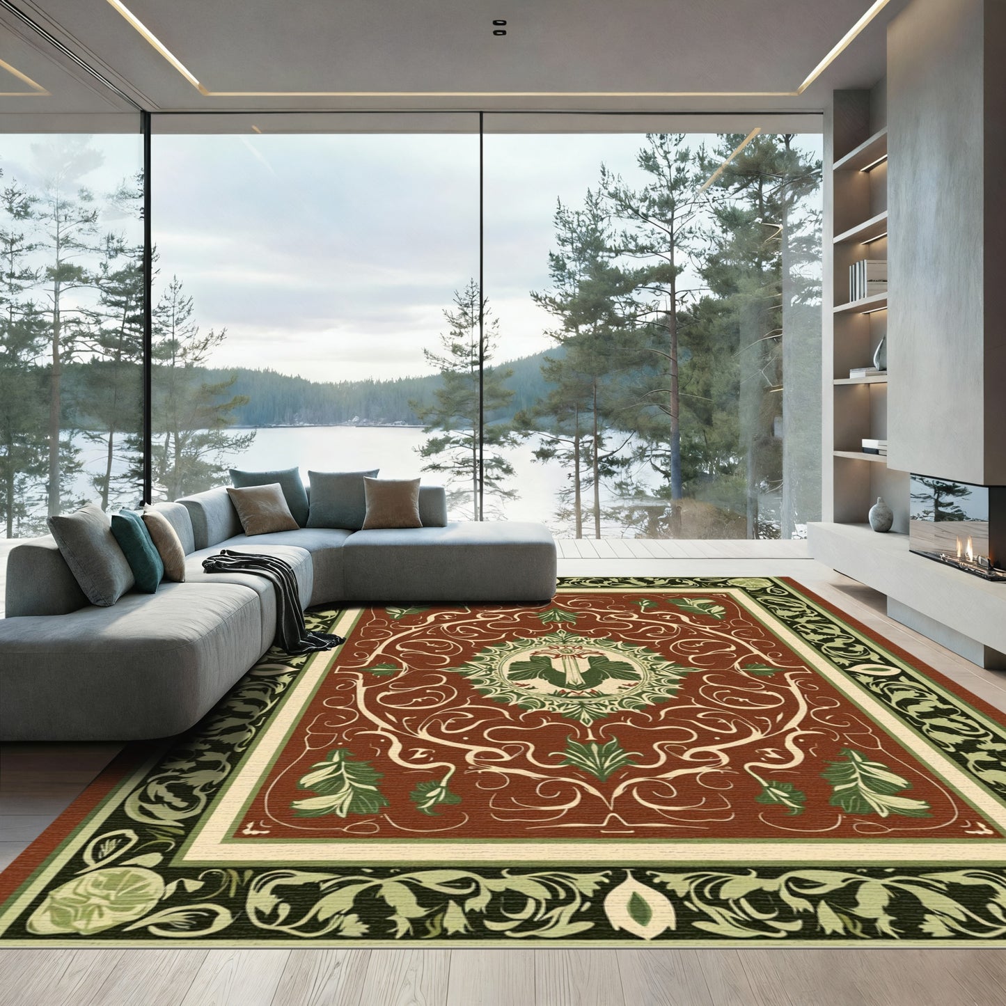 Rustic Red Green Floral Medallion Rug