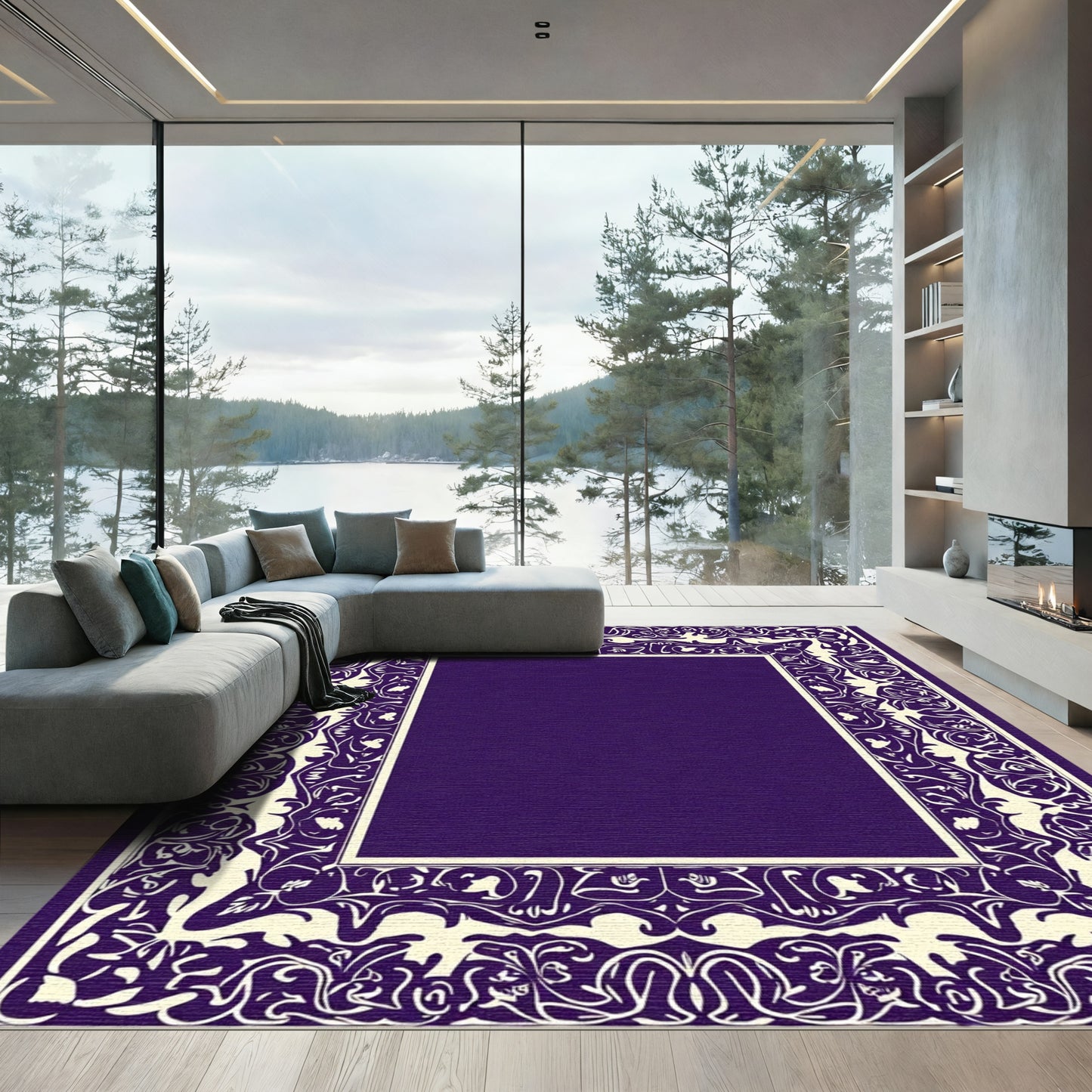 Rich Plum Intricate Floral Border Rug