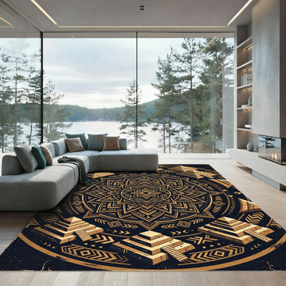 Golden Aztec Pyramid Mandala Geometry Rug
