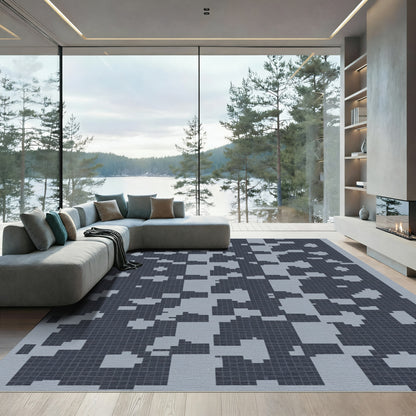 Charcoal Gray Abstract Grid Overlay Rug