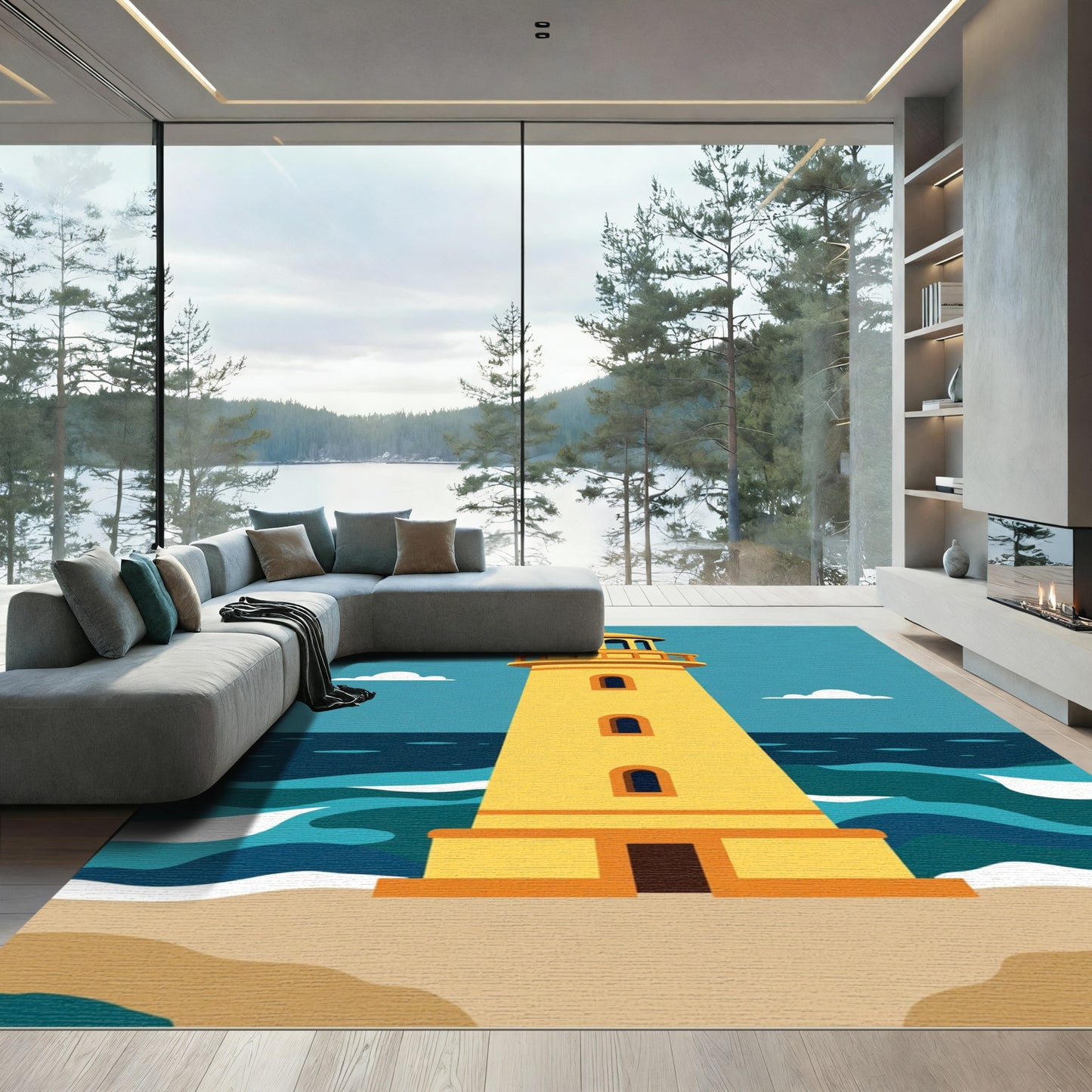 Coastal Yellow Lighthouse Beach Scene Rug