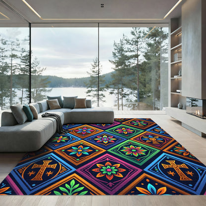 Vibrant Multicolored Geometric Floral Diamond Mosaic Rug