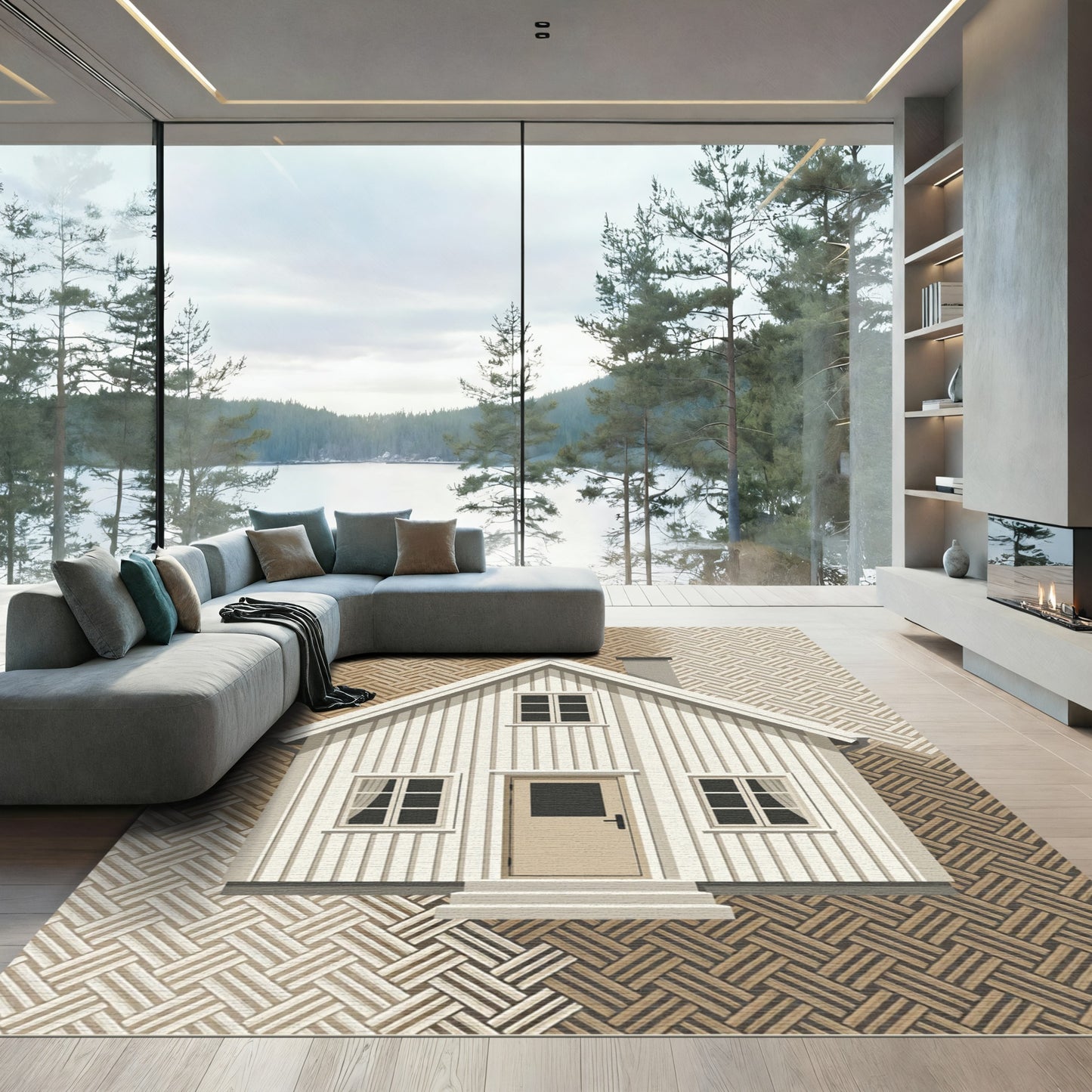 Neutral Woven Wood Grain Cabin Area Rug