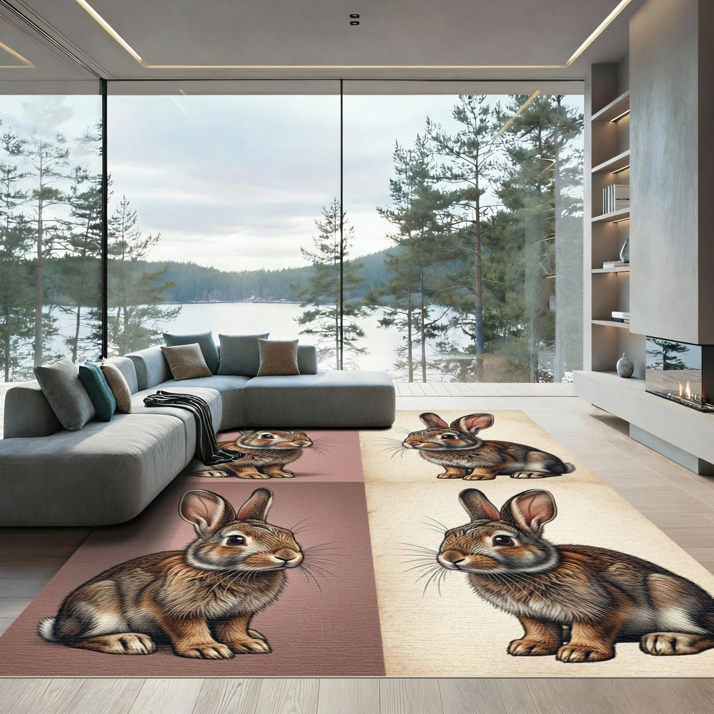 Quartered Brown Woodland Rabbit Illustration Rug