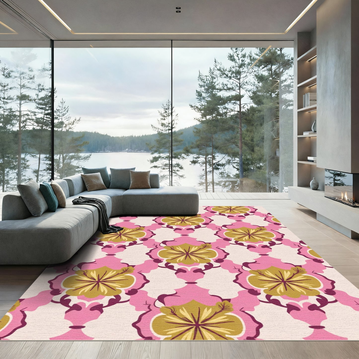 Pink Gold Floral Medallion Rug