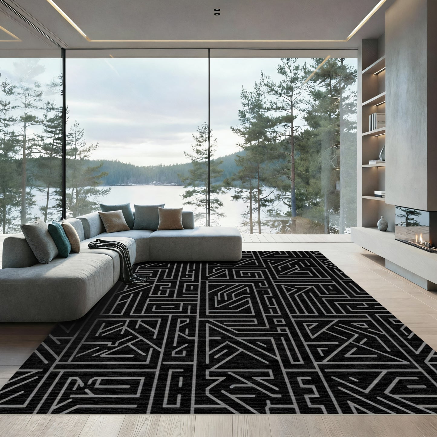 Dark Gray Geometric Maze Design Rug