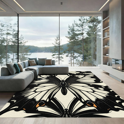 Monochrome Butterfly Illustration Black White Art Rug