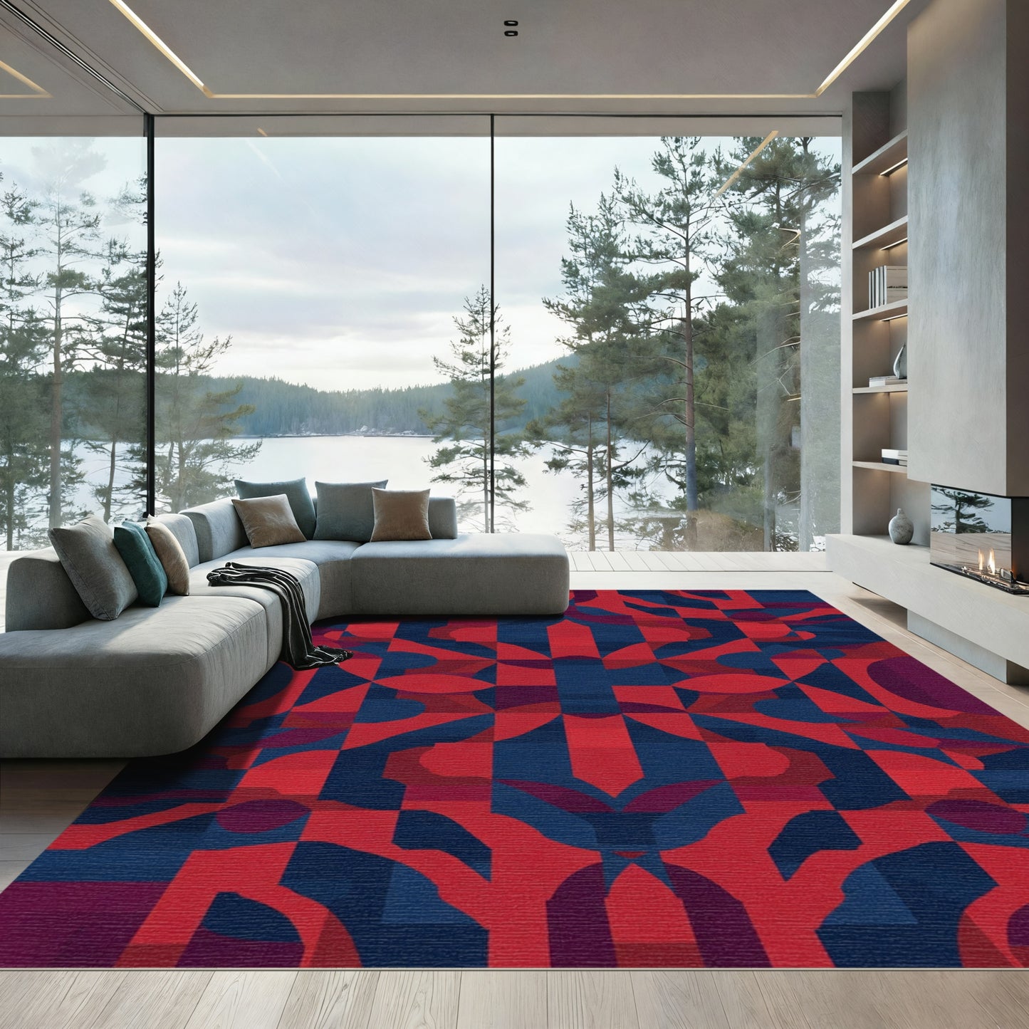 Crimson Navy Geometric Abstract Shape Rug