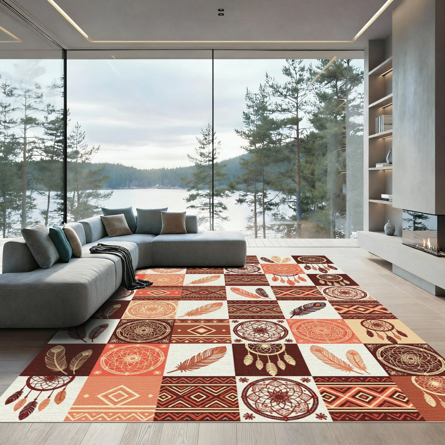 Boho Tribal Feather Dreamcatcher Tile Rug
