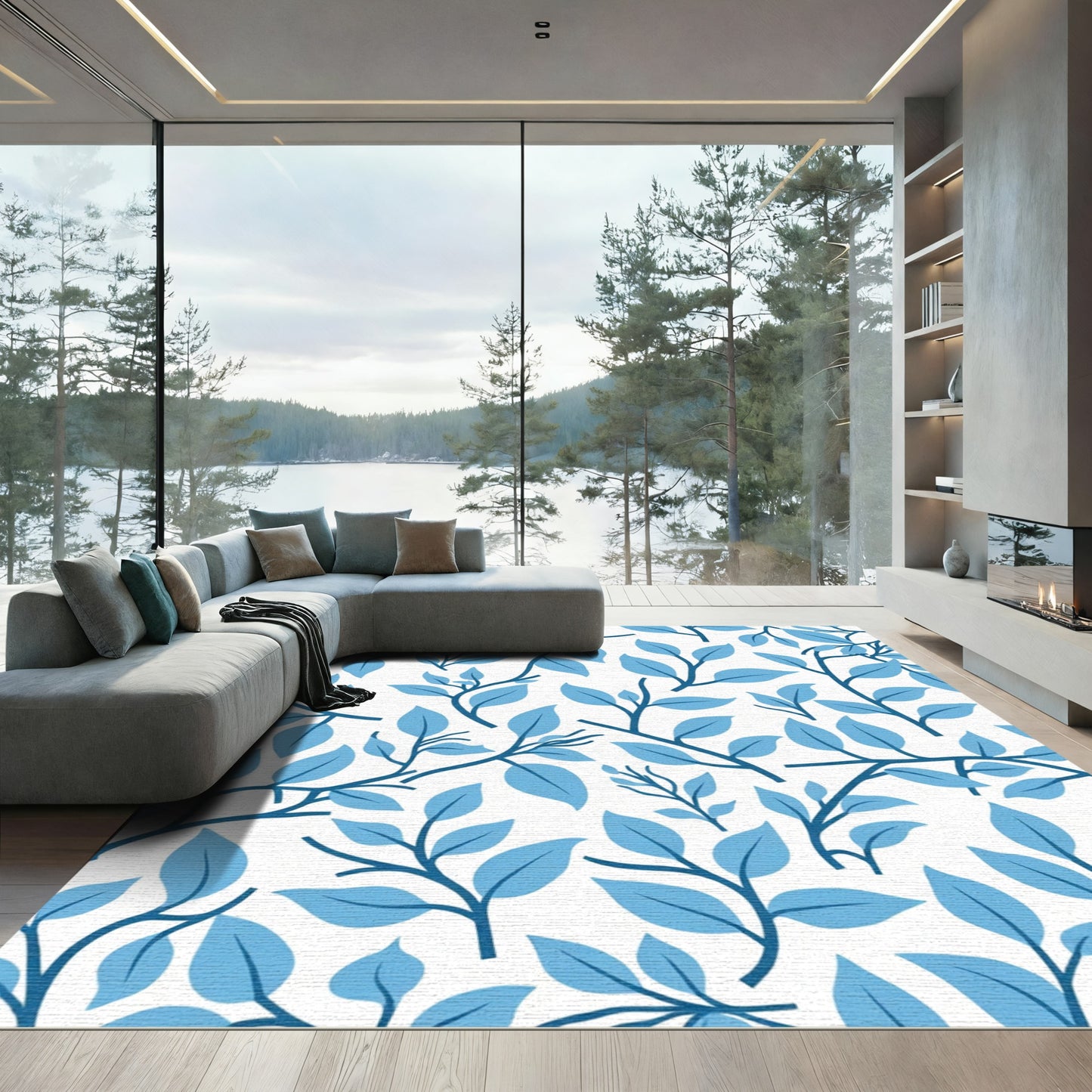 Sky Blue Leafy Branch Pattern Rug