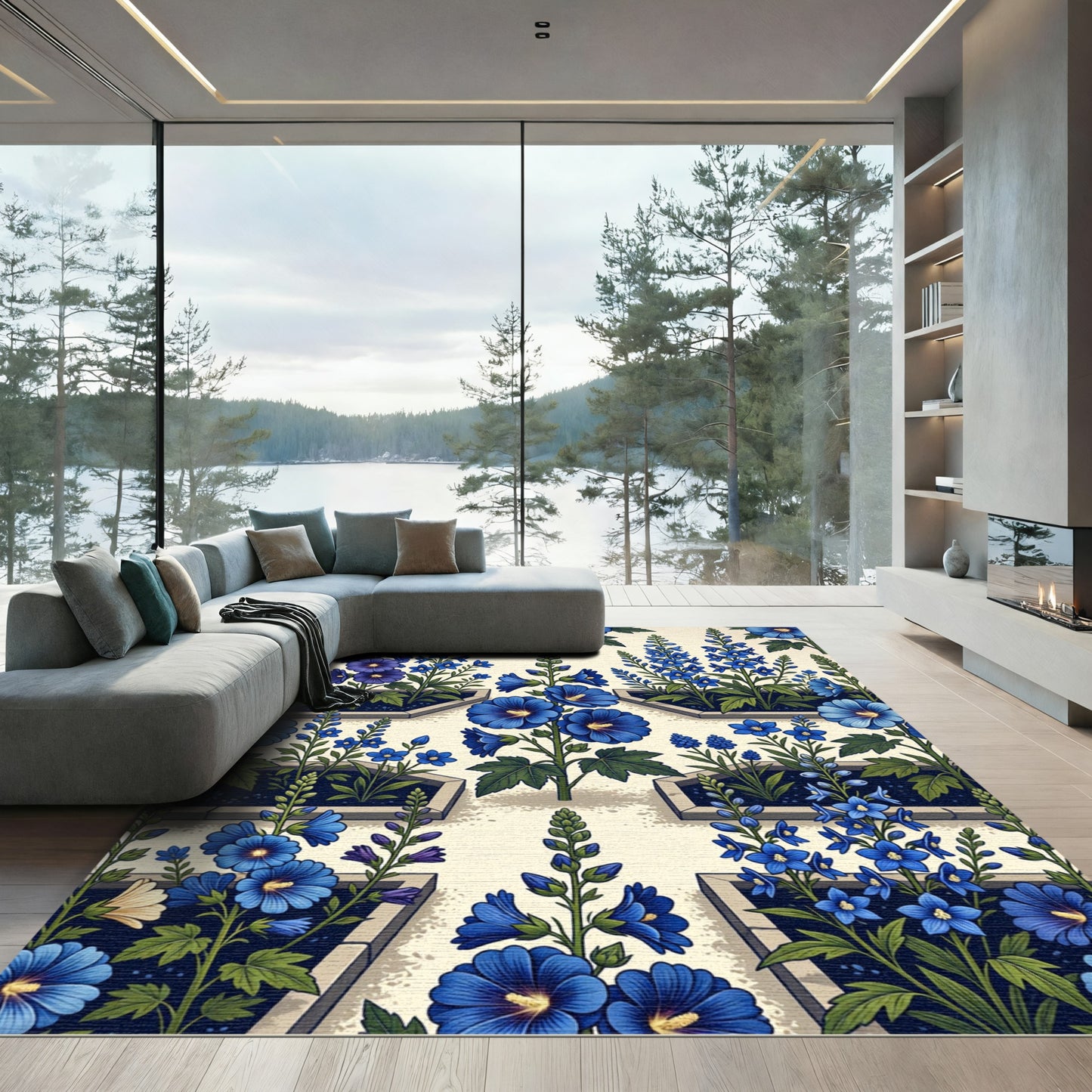 Vibrant Blue Garden Bloom Arrangement Rug