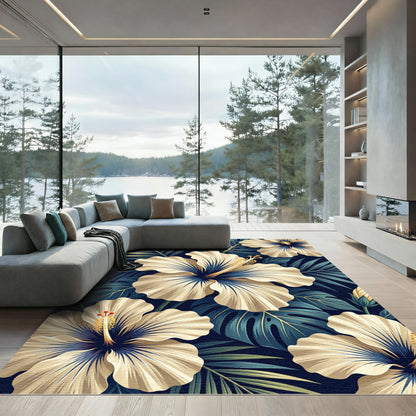Cream Hibiscus and Navy Palm Leaf Rug