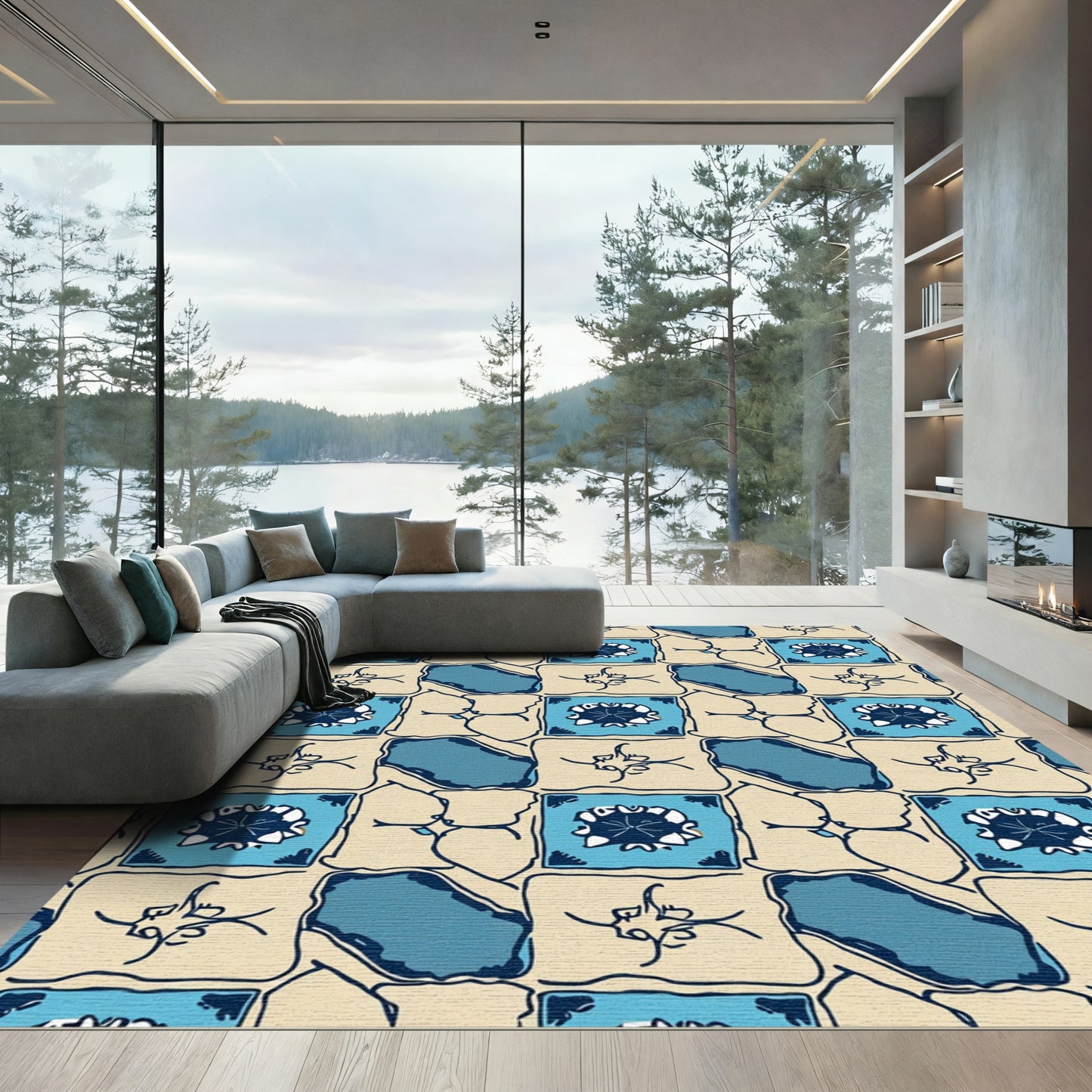Tonal Blue Tile Inspired Geometric Rug