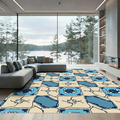Tonal Blue Tile Inspired Geometric Rug