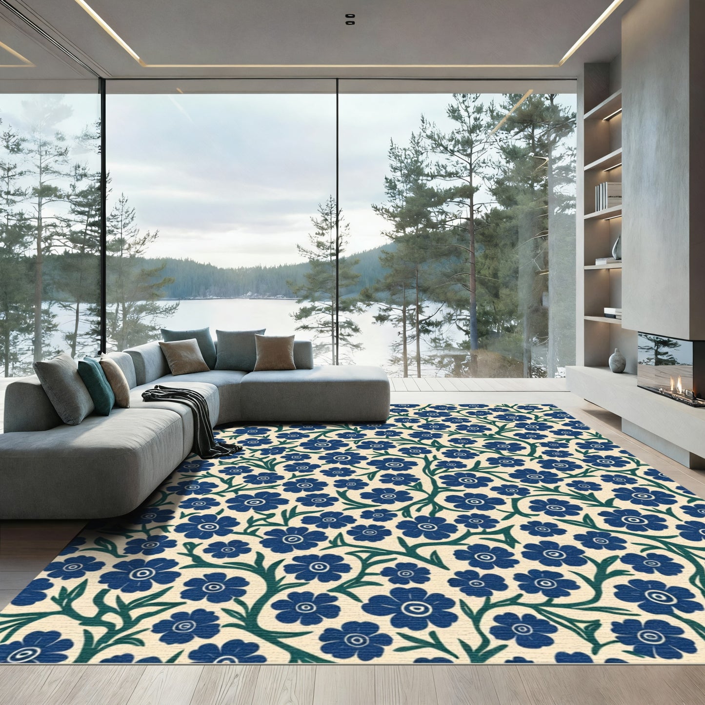 Navy Blue Floral Vine Garden Rug