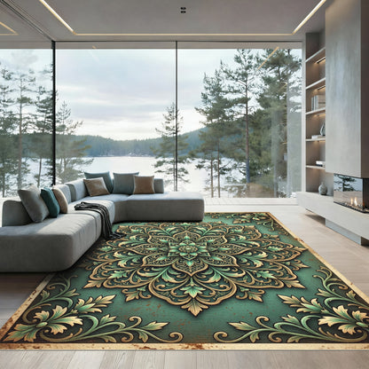 Intricate Sage Green Floral Medallion Rug