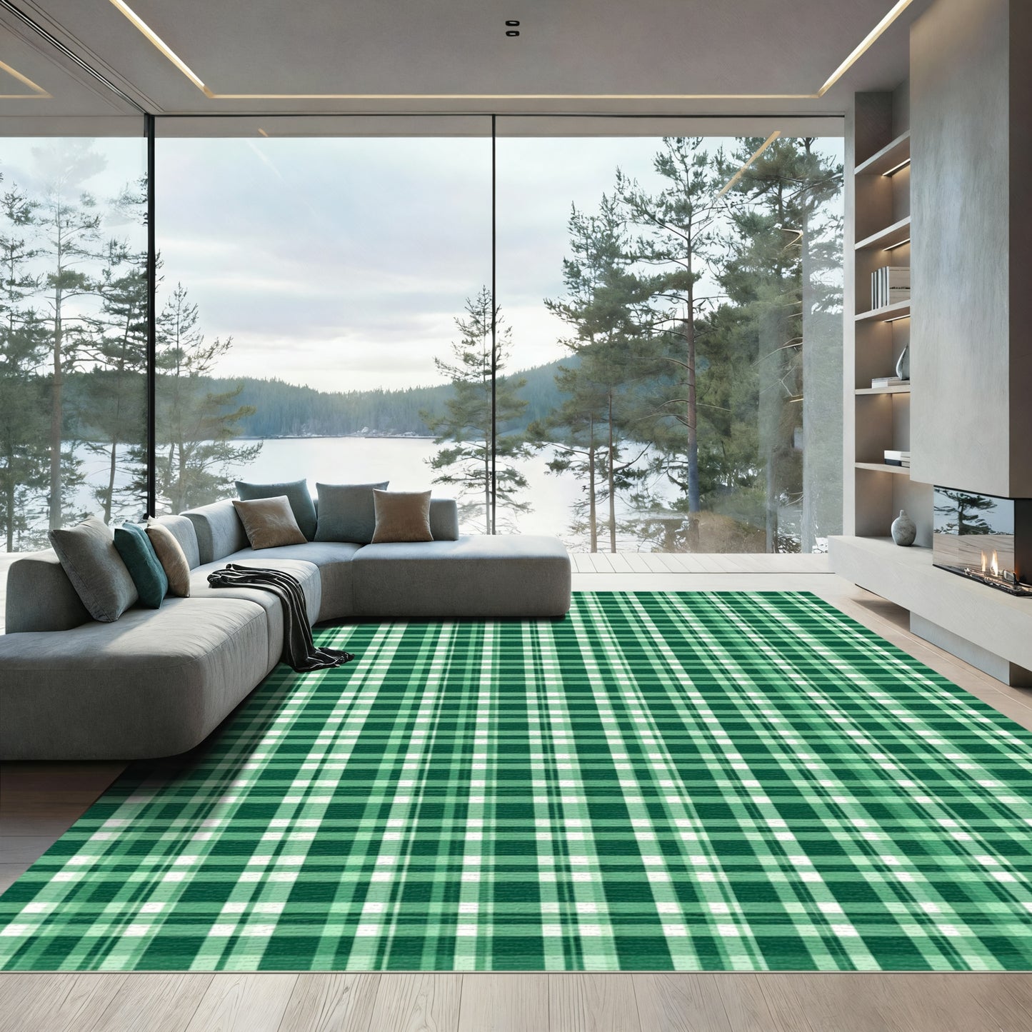 Deep Green Classic Plaid Square Rug
