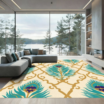 Gold Teal Peacock Feather Trellis Rug