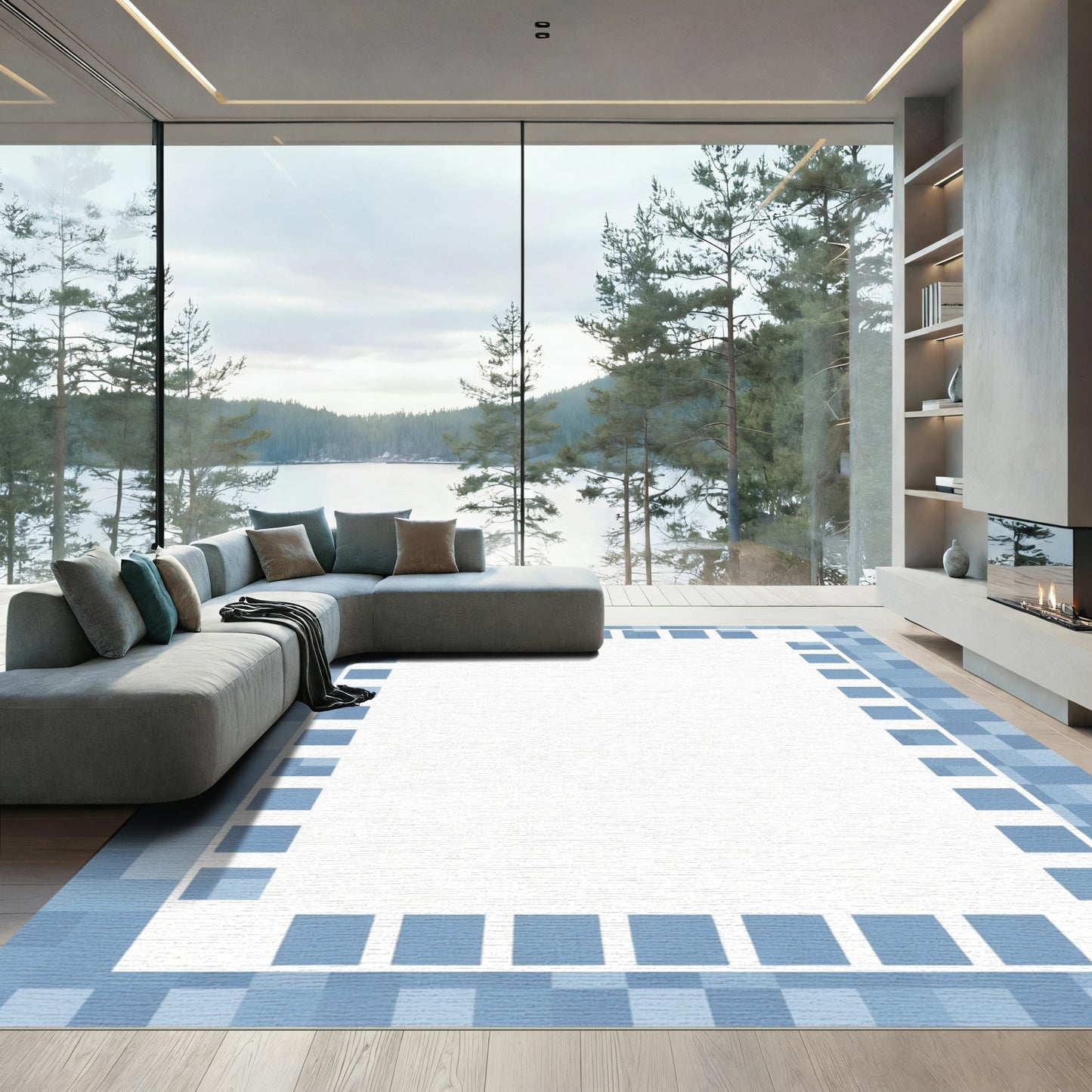 Soft Blue Pixelated Geometric Border Rug