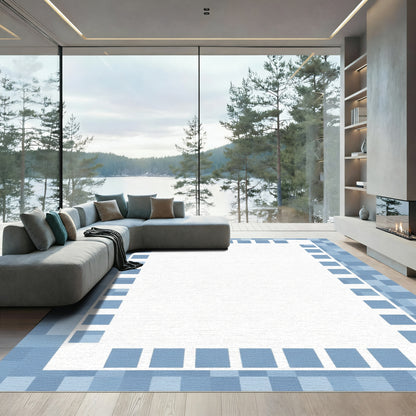 Soft Blue Pixelated Geometric Border Rug