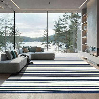 Cream and Navy Hand-Drawn Stripes Rug