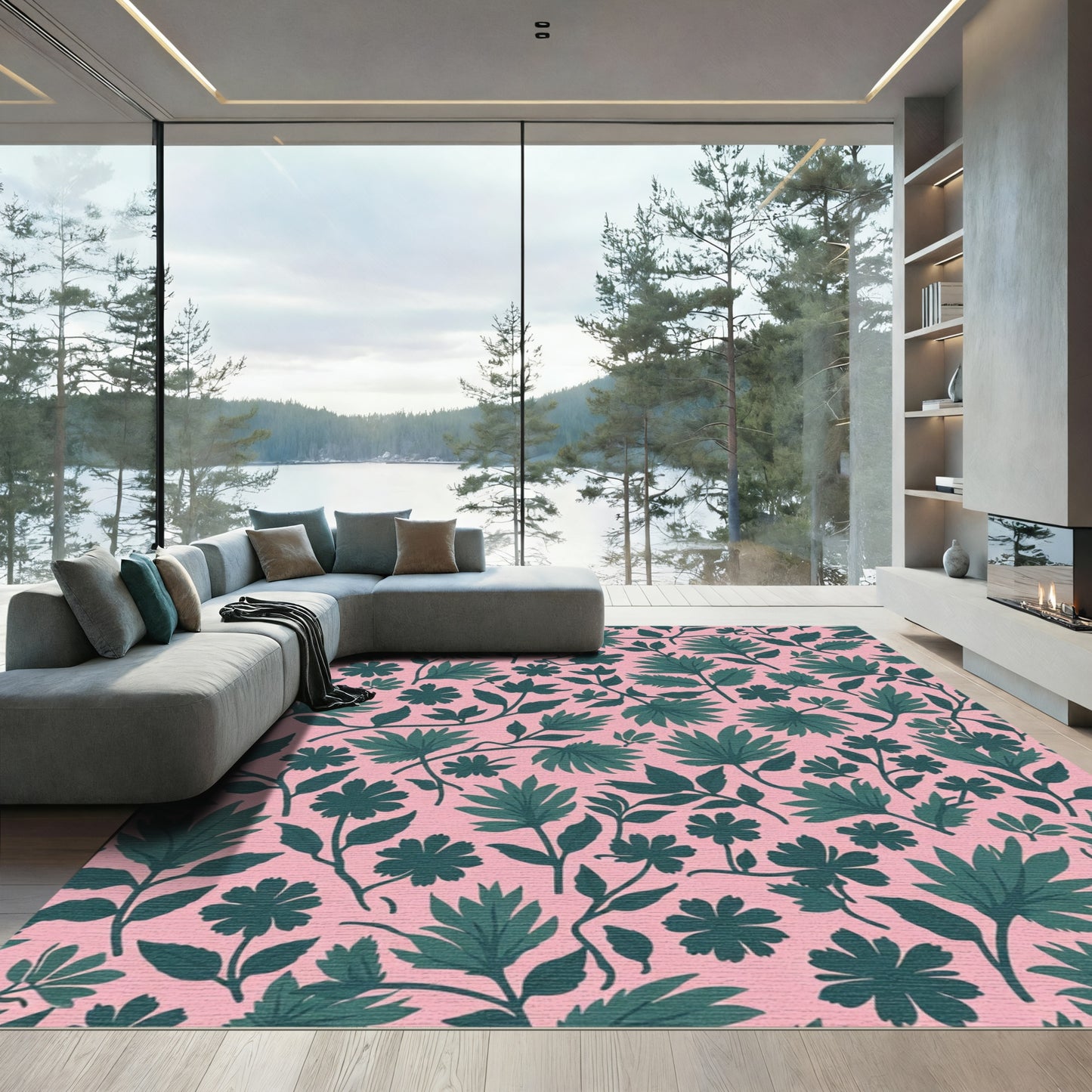Pink Teal Leafy Floral Arrangement Rug