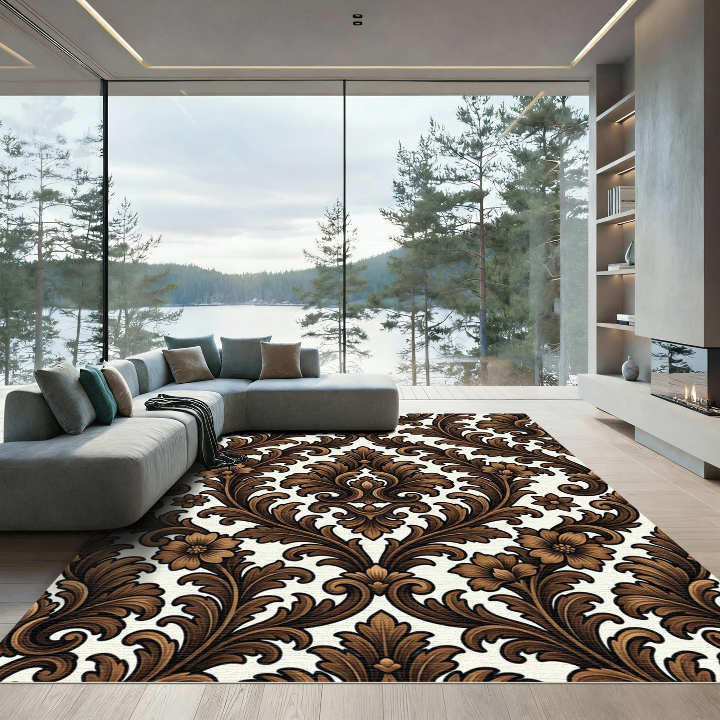 Ornate Brown Floral Scrollwork Rug