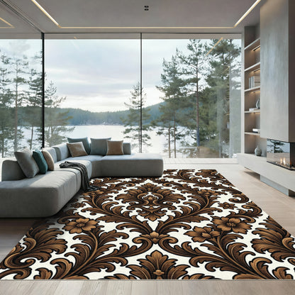 Ornate Brown Floral Scrollwork Rug