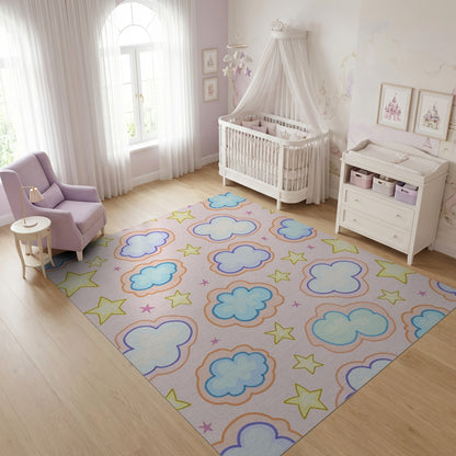 Playful Pink Clouds and Stars Rug