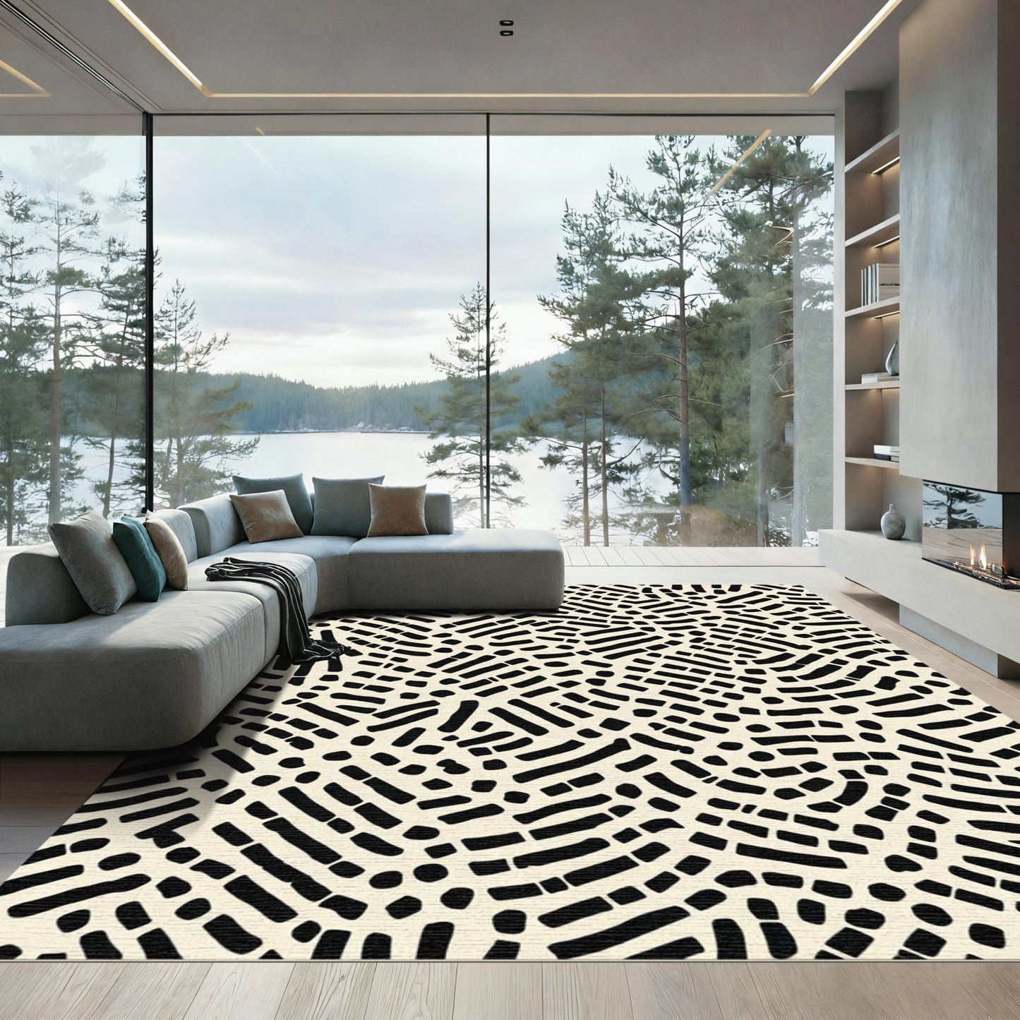 Black And Cream Interlocking Lines Rug