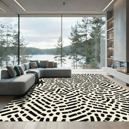 Black And Cream Interlocking Lines Rug