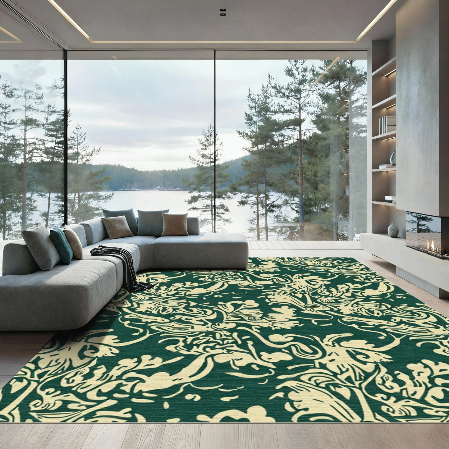 Cream Outline Floral Swirls Emerald Rug