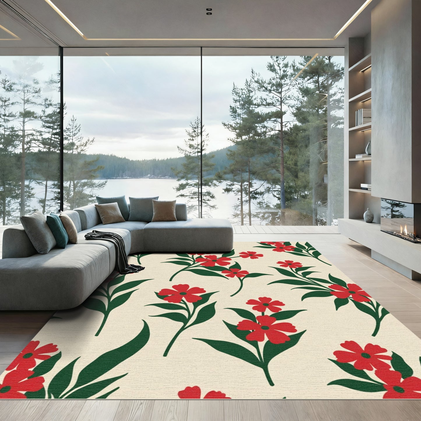 Red Crimson Floral Botanical Branches Rug
