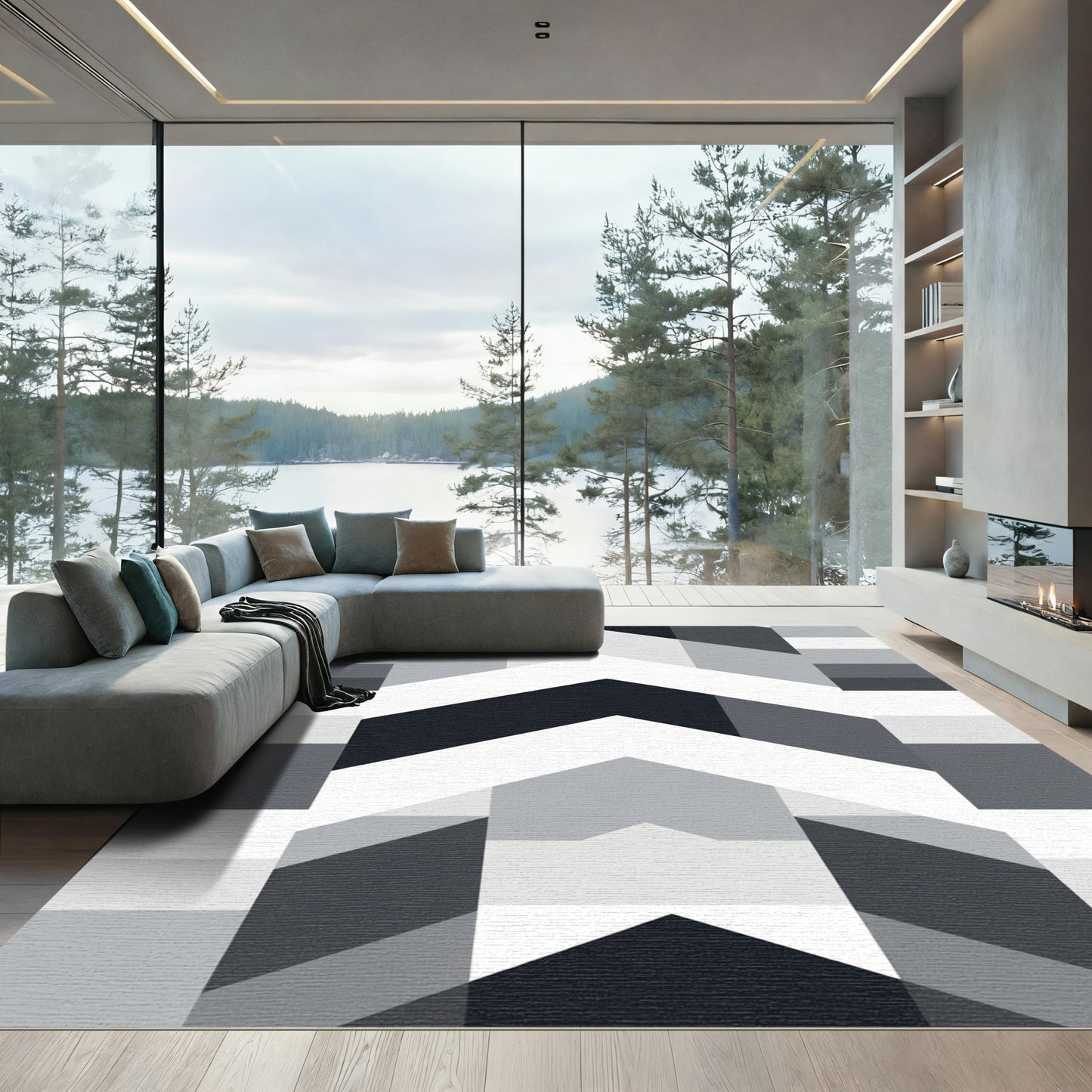 Monochromatic Geometric Chevron Blocks Rug