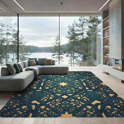 Ornate Teal Geometric Star Medallion Rug