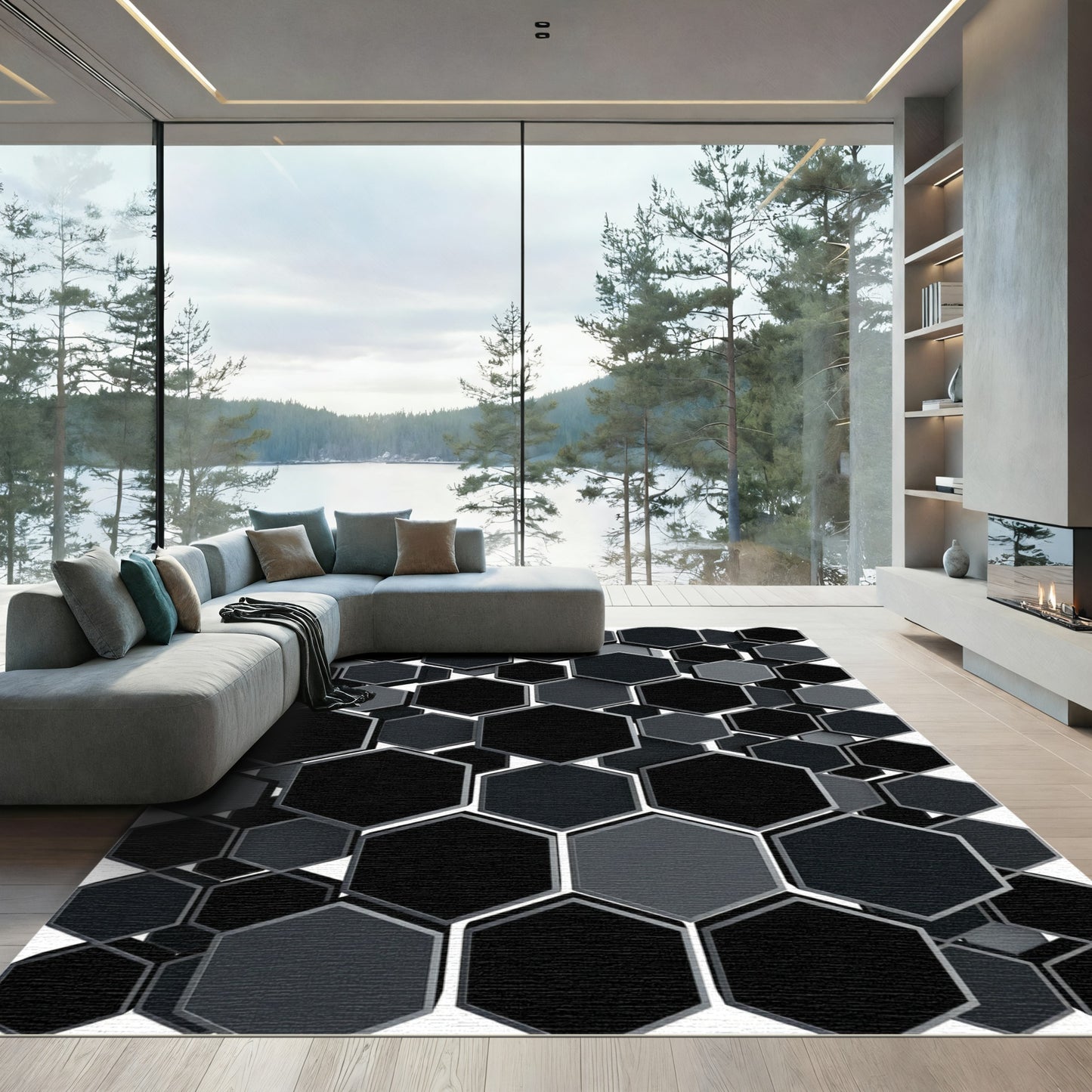 Dark Gray Hexagon Cluster Rug