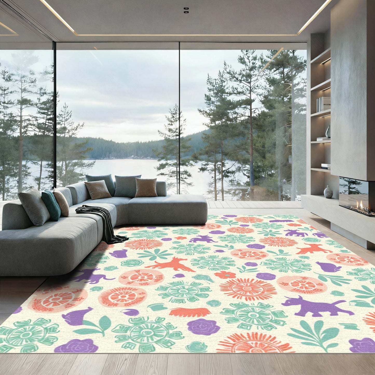 Whimsical Floral Animal Garden Medley Rug