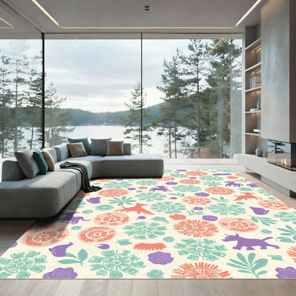 Whimsical Floral Animal Garden Medley Rug