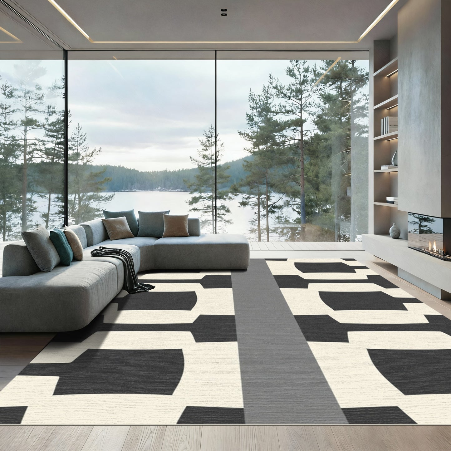 Modern Monochrome Abstract Chain Rug