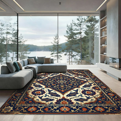 Intricate Navy Floral Koi Fish Medallion Rug